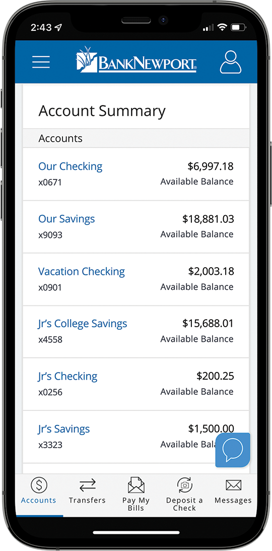 picture of an iphone with the bank account summary screen displaying
