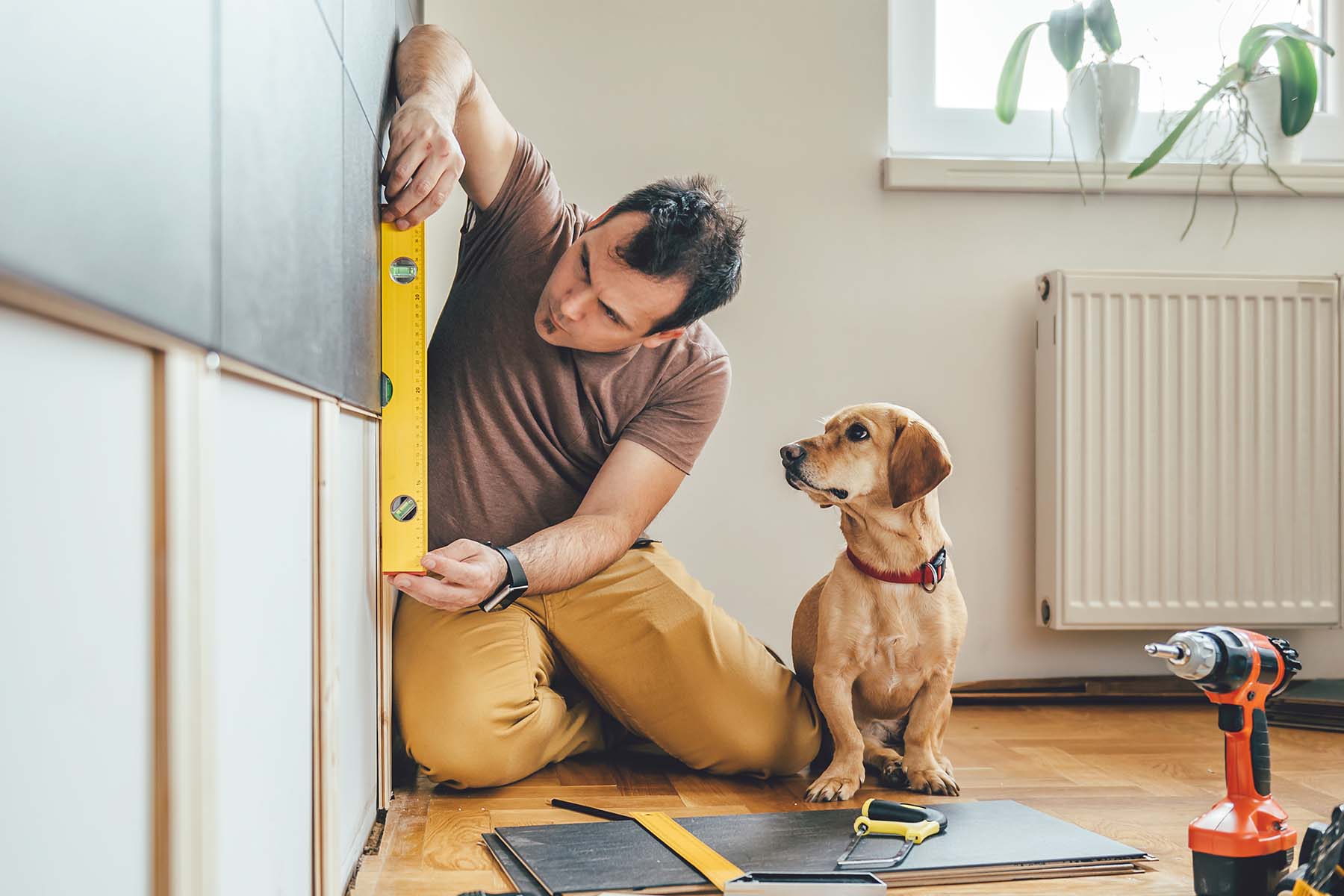 A person carefully examines the results of a home improvement project while the family dog watches inquisitively nearby, representing the hands-on investment in homeownership supported by BankNewport home loans, personal home loans, Rhode Island home loans, and home equity loan solutions for Rhode Island homeowners.