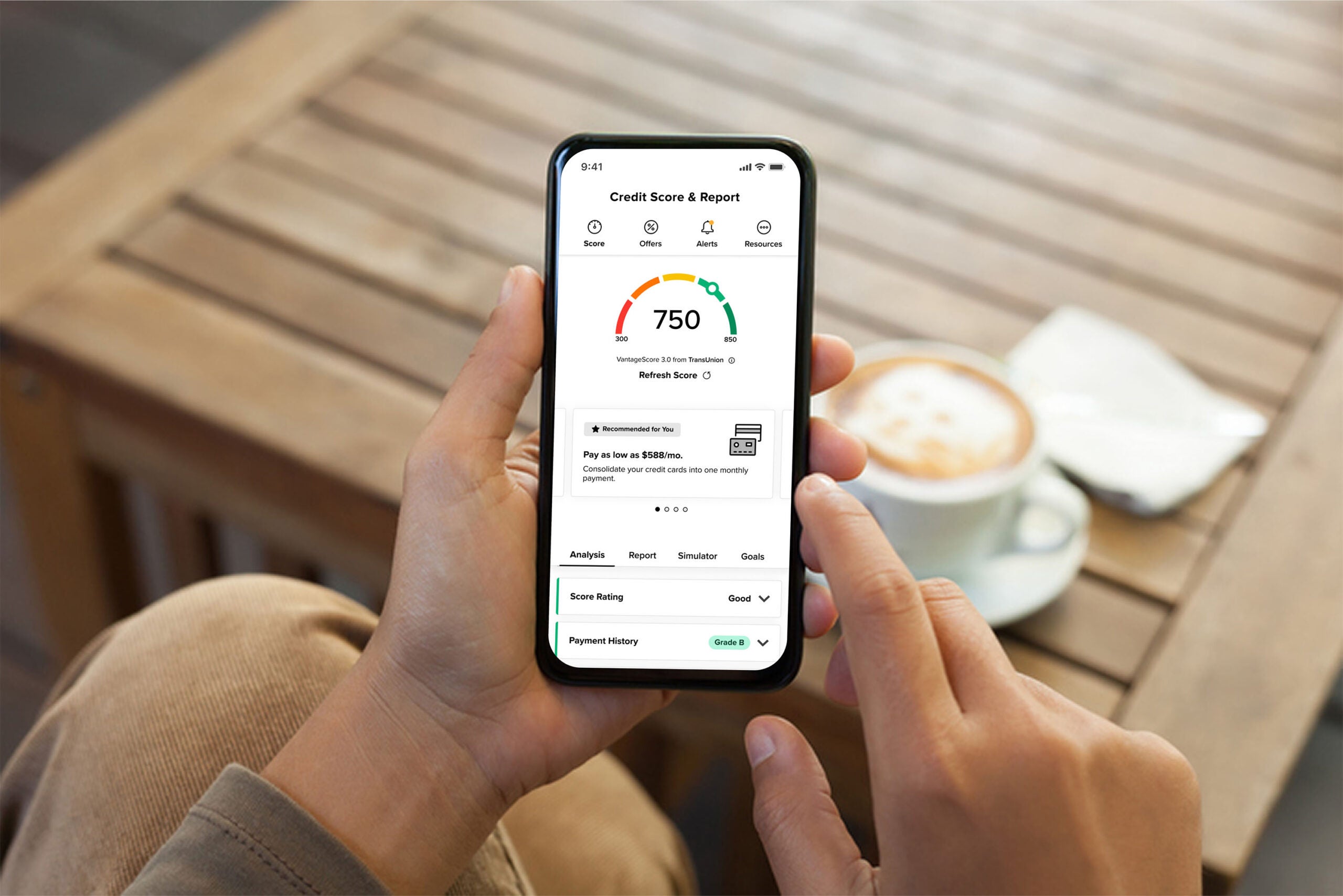 A person looks at their phone in a bright sunlit room, representing the financial confidence and peace of mind provided by BankNewport's free credit score monitoring tools, allowing customers to check their credit score regularly at no cost.